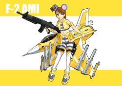 Rule 34 | 00s, 1girl, ace combat, aircraft, airplane, animal ears, bad id, bad pixiv id, brown hair, cool &amp; sexy (idolmaster), futami ami, ganzyu i, idolmaster, idolmaster (classic), mecha musume, midriff, missile, mitsubishi f-2, mouse ears, mouse tail, navel, smile, solo, striped, tail, thighhighs