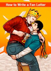 Rule 34 | 2boys, ass, bara, belt, bertolt hoover, black hair, blonde hair, blue pants, blue shirt, brown belt, brown pants, butanezumi-chan, carrying, carrying person, commentary request, couple, crown, cup, english text, holding, holding cup, large pectorals, letter, looking at another, love letter, male focus, medal, mouth hold, multiple boys, muscular, muscular male, pants, pectorals, red shirt, reiner braun, shingeki no kyojin, shirt, short hair, smile, yaoi
