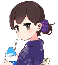 Rule 34 | 1girl, alternate costume, blush, brown eyes, brown hair, food, japanese clothes, kaga (kancolle), kantai collection, kimono, looking at viewer, looking back, shaved ice, simple background, solo, upper body, white background, yoru nai, yukata