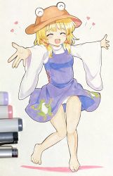 Rule 34 | 1girl, :d, ^ ^, art tools in frame, barefoot, blonde hair, brown headwear, closed eyes, colored pencil (medium), facing viewer, full body, heart, highres, long sleeves, marker (medium), moriya suwako, open mouth, outstretched arms, panties, photo (medium), purple skirt, purple vest, ramudia (lamyun), shirt, short hair, sidelocks, simple background, skirt, smile, solo, spread arms, standing, touhou, traditional media, turtleneck, underwear, vest, white background, white panties, white shirt, wide sleeves