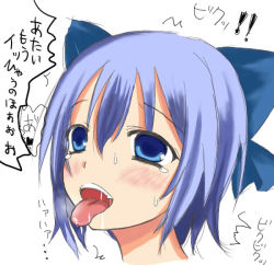 Rule 34 | 1girl, ahegao, blue hair, cirno, dogeza emon, female focus, partially translated, ribbon, short hair, solo, embodiment of scarlet devil, tongue, touhou, translation request, white background