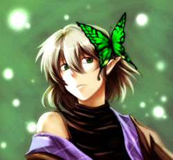Rule 34 | 1girl, bad id, bad pixiv id, bare shoulders, blonde hair, bug, butterfly, female focus, gradient background, green eyes, insect, mizuhashi parsee, pointy ears, rex, rex k, sleeveless, solo, touhou