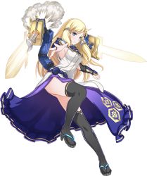 Rule 34 | 1girl, armpits, artist request, ass, bare shoulders, blonde hair, blue eyes, detached sleeves, dual wielding, full body, hair ornament, holding, holding sword, holding weapon, long hair, odani (oshiro project), official art, open mouth, oshiro project:re, oshiro project:re, outstretched arm, solo, sword, thighhighs, transparent background, weapon