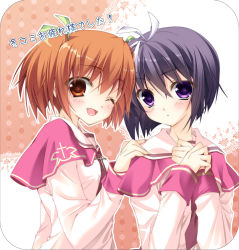 Rule 34 | 2girls, ;d, asukai shio, black hair, blush, brown eyes, brown hair, hand on own chest, highres, long sleeves, looking at viewer, multiple girls, one eye closed, open mouth, own hands together, purple eyes, school uniform, short hair, smile, suzushiro atsushi, takahashi sachiho, twinkle crusaders, twintails, uniform, upper body