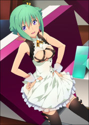 Rule 34 | 10s, 1girl, aquarion (series), aquarion evol, bare shoulders, black thighhighs, boots, border, breastless clothes, breasts, fang, green hair, hair ribbon, hands on own hips, looking at viewer, mizuki makoto, nail polish, open mouth, purple eyes, revealing clothes, ribbon, short hair, skirt, sleeveless, smile, solo, thigh boots, thighhighs, zessica wong, zettai ryouiki