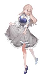 1girl :o arm_cutout blush braid breasts clothes_lift crown_braid grey_skirt hair_behind_ear highres korean_commentary long_hair medium_breasts mixed-language_commentary nijisanji nijisanji_kr official_art open_mouth purple_footwear second-party_source skirt skirt_lift so_nagi solo virtual_youtuber white_background xretakex