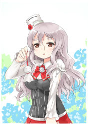 Rule 34 | 10s, 1girl, absurdres, black eyes, bow, bowtie, breasts, brown eyes, commentary request, corset, eyebrows, grey hair, haru (renol), hat, highres, kantai collection, long hair, looking at viewer, mini hat, miniskirt, pola (kancolle), red bow, red bowtie, shirt, skirt, solo, teruterubouzu, wavy hair, white shirt