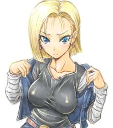 Rule 34 | 1girl, amania orz, android 18, black shirt, blonde hair, blue eyes, breasts, collarbone, dragon ball, dragonball z, earrings, female focus, jacket, jewelry, large breasts, looking at viewer, shiny clothes, shirt, short hair, solo, white background