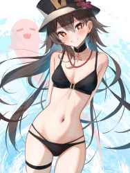 Rule 34 | 1girl, absurdres, arms behind back, bead necklace, beads, bikini, black bikini, boo tao (genshin impact), brown hair, commentary, cowboy shot, flower-shaped pupils, genshin impact, ghost, grin, hat, hidulume, highres, hitodama, hu tao (genshin impact), jewelry, long hair, navel, necklace, porkpie hat, red eyes, smile, stomach, swimsuit, symbol-shaped pupils, thigh strap, very long hair