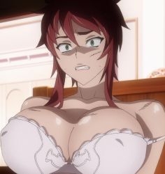 Rule 34 | 1girl, bra, breasts, brown hair, cleavage, clenched teeth, covered erect nipples, green eyes, highres, huge breasts, long hair, scared, screencap, sitting, solo, stitched, strap slip, suzue konomi, teeth, third-party edit, triage x, underwear, white bra