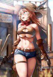 Rule 34 | 1girl, bad id, bad twitter id, bandana, bandeau, bare shoulders, barrel, belko, belt, blonde hair, blue eyes, blush, breasts, brown gloves, character request, cleavage, collarbone, denim, denim shorts, dual wielding, elbow gloves, gloves, gun, hair between eyes, handgun, hat, hat feather, highres, hip focus, holding, holster, large breasts, long hair, looking to the side, navel, open mouth, red bandana, red neckwear, revolver, short shorts, shorts, smile, solo, sound project siva, sunlight, thigh strap, thighs, underboob, weapon