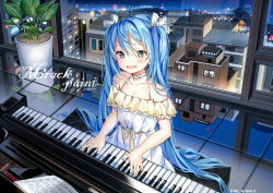 Rule 34 | 1girl, artist name, bare shoulders, blue eyes, blue hair, blush, breasts, city, cleavage, hair ribbon, hatsune miku, instrument, long hair, looking at viewer, medium breasts, music, night, parted lips, piano, plant, playing instrument, popuru, potted plant, ribbon, sheet music, smile, twintails, vocaloid, white ribbon