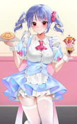 Rule 34 | 1girl, absurdres, apron, blonde hair, blue hair, blush, breasts, closed mouth, collared shirt, commentary request, cropped legs, cup, dessert, dress, educk, food, fruit, hair ornament, hair scrunchie, hairclip, heart, highres, holding, holding cup, holding plate, holographic clothing, large breasts, looking at viewer, multicolored hair, omelet, omurice, original, parfait, pink scrunchie, plate, pudding, puffy sleeves, red eyes, scrunchie, shirt, solo, standing, strawberry, strawberry parfait, sweat, thighhighs, two-tone hair, two side up, underbust, waist apron, wavy mouth, white apron, white scrunchie, white shirt, white thighhighs, white wrist cuffs, wrist cuffs