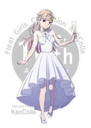 Rule 34 | 1girl, absurdres, alternate costume, anniversary, anya (anyapoiiii), blonde hair, copyright name, cup, dress, drinking glass, gradient hair, hair flaps, hair ornament, hair ribbon, hairclip, high heels, highres, holding, holding cup, kantai collection, long hair, looking at viewer, multicolored hair, red eyes, ribbon, solo, white dress, white footwear, white ribbon, yuudachi (kancolle), yuudachi kai ni (kancolle)