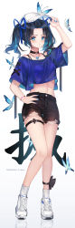 Rule 34 | 1girl, a maru, absurdres, alternate costume, arm up, bad id, bad pixiv id, bare legs, baseball cap, black hair, black shorts, blue eyes, blue nails, blue shirt, bra strap, bracelet, bug, butterfly, choker, closed mouth, crop top, crop top overhang, cutoffs, frown, full body, hair ribbon, hand on headwear, hand on own hip, hat, highres, insect, jewelry, kanzaki aoi (kimetsu no yaiba), kimetsu no yaiba, leg ribbon, long hair, looking at viewer, midriff, multicolored hair, nail polish, navel, necklace, parted bangs, ribbon, shirt, shoes, short shorts, short sleeves, shorts, sneakers, socks, solo, standing, stomach, sweatdrop, thigh strap, thighs, twintails, two-tone hair, v-shaped eyebrows, white footwear, white hat, white socks, wide sleeves