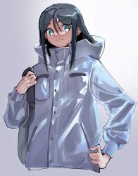 Rule 34 | 1boy, bag, black hair, breast pocket, buttons, closed mouth, coat, cropped torso, fate (series), gradient background, green eyes, grey background, hand on own hip, highres, holding, holding bag, hood, hooded coat, long hair, long sleeves, looking at viewer, male focus, pocket, solo, tokoni fusu, waver velvet, white coat