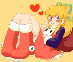 Rule 34 | 1girl, android, bad drawr id, bad id, blonde hair, blue eyes, blush stickers, boots, dress, green ribbon, hair ribbon, heart, index finger raised, joints, knee boots, knees up, long hair, long sleeves, looking at viewer, mega man (classic), mega man (series), oekaki, pego (peco peco), ponytail, red dress, red footwear, ribbon, roll (mega man), sidelocks, simple background, sitting, skirt, smile, solo, yellow background