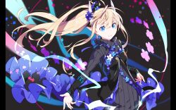 Rule 34 | 1girl, ahoge, black dress, blonde hair, blue eyes, blue flower, character request, dress, elf, flower, hair flower, hair ornament, highres, kuze (ira), long hair, original, outstretched arms, pointy ears, ponytail, purple flower, smile, solo, standing, very long hair