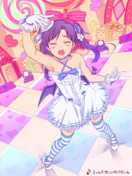 Rule 34 | 10s, 1girl, :o, arm up, armpits, blush, bow, candy, checkered floor, closed eyes, colorful, demon tail, demon wings, detached collar, dress, face, fangs, flat chest, floor, food, foreshortening, gift, gloves, hair ribbon, hat, idolmaster, idolmaster (classic), idolmaster cinderella girls, kisaragi chihaya, lollipop, long hair, mini demon wings, mini hat, mini top hat, ndo2, pigeon-toed, purple hair, ribbon, skirt, solo, striped clothes, striped thighhighs, swirl lollipop, tail, thighhighs, top hat, twintails, white gloves, white skirt, wings