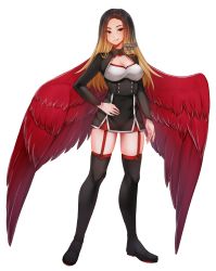 Rule 34 | 1girl, bird wings, black footwear, black hair, black jacket, black skirt, blonde hair, boots, breasts, brown eyes, buttons, cleavage, commentary, commission, dated, double-breasted, english commentary, feathered wings, full body, garter straps, gradient hair, hand on own hip, high-waist skirt, highres, jacket, long sleeves, looking at viewer, medium breasts, miniskirt, multicolored hair, original, red wings, simple background, skirt, smile, solo, temachii, thigh boots, thighhighs, transparent background, wings