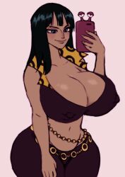 Rule 34 | 1girl, black hair, breasts, collarbone, commentary, covered erect nipples, denim, english commentary, groin, highres, huge breasts, jay-marvel, jay marvel, jeans, midriff, navel, nico robin, one piece, pants, phone, smile, solo, stomach