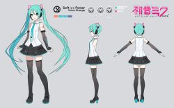 Rule 34 | 3girls, aqua eyes, aqua hair, boots, breasts, character sheet, concept art, detached sleeves, female focus, full body, grey background, hatsune miku, hatsune miku (vocaloid4), headset, highres, ixima, long hair, multiple girls, multiple views, nail polish, necktie, official art, simple background, skirt, small breasts, smile, thigh boots, thighhighs, twintails, v4x, very long hair, vocaloid, zettai ryouiki