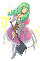 Rule 34 | 1girl, axe, dress, female focus, fire emblem, fire emblem: three houses, flayn (fire emblem), green eyes, green hair, hair ornament, hakou (barasensou), highres, holding, holding axe, long hair, matching hair/eyes, nintendo, open mouth, simple background, solo, white background