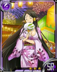 Rule 34 | 10s, 1girl, breasts, card (medium), cleavage, ear covers, elf, closed eyes, hand fan, fireworks, green hair, hair tubes, japanese clothes, kimono, large breasts, long hair, official art, paper fan, pointy ears, sakuya (sao), solo, star (symbol), sword art online, uchiwa, very long hair