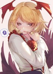 Rule 34 | &gt;:(, 1boy, androgynous, angry, bat wings, blonde hair, blue eyes, blush, cosplay, crossdressing, eyebrows, flower, frilled shirt, frills, granblue fantasy, lips, lipstick, makeup, male focus, medium hair, nido celisius, pointy ears, red flower, rose, shirt, simple background, skirt, solo, trap, vampire, vampy, vampy (cosplay), veight, white shirt, wings, wiping mouth
