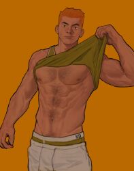 Rule 34 | 1boy, abs, absurdres, bara, bare arms, bare pectorals, biceps, chest hair, clothes lift, cowboy hat, dark-skinned male, dark skin, edeued (dpemrmfla), edging underwear, facial hair, green male underwear, green tank top, hairy, hat, highres, lifting own clothes, looking at viewer, male focus, male underwear, male underwear peek, mature male, muscular, muscular male, navel, navel hair, nipples, orange background, orange hair, original, pants, pectorals, shirt lift, short hair, sideburns, smile, solo, stomach, stubble, tank top, thick eyebrows, track pants, underwear, veins, veiny arms, white pants