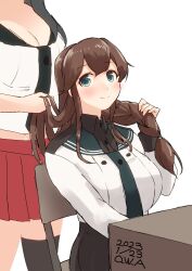 Rule 34 | 2girls, agano (kancolle), black necktie, black sailor collar, black shirt, braid, breasts, brown hair, cleavage, commentary request, dress shirt, green eyes, highres, holding, holding hair, jacket, kantai collection, large breasts, long sleeves, multiple girls, necktie, noshiro (kancolle), noshiro kai ni (kancolle), owa (ishtail), sailor collar, school uniform, serafuku, shirt, solo focus, swept bangs, twin braids, white jacket