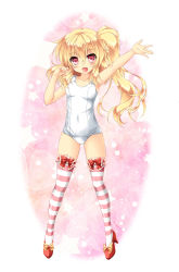 Rule 34 | 1girl, blonde hair, bow, covered navel, fang, flandre scarlet, footwear bow, full body, hair between eyes, high heels, highres, kamiya tomoe, long hair, looking at viewer, one-piece swimsuit, open mouth, outstretched arm, red bow, red eyes, red footwear, school swimsuit, shoes, side ponytail, solo, standing, striped clothes, striped thighhighs, swimsuit, thighhighs, touhou, white one-piece swimsuit, white school swimsuit, yellow bow