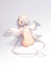 Rule 34 | 1girl, 2020, absurdres, angel, angel wings, ass, back, backlighting, blue eyes, chromatic aberration, completely nude, dimples of venus, dot nose, facing viewer, feathered wings, from behind, full body, grey background, half-closed eyes, halo, head tilt, highres, long hair, looking afar, looking back, nana mikoto, nude, open mouth, original, sad, signature, simple background, sitting, solo, straight hair, teeth, very long hair, white hair, white wings, wings