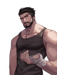 Rule 34 | 1boy, artist request, bad perspective, bandaged hand, bandages, bara, bare shoulders, beard, black hair, black tank top, brown hair, dungeon and fighter, eyebrow cut, facial hair, hair slicked back, large pectorals, male focus, male priest (dungeon and fighter), mature male, monk (dungeon and fighter), muscular, muscular male, mustache, official art, pectorals, priest (dungeon and fighter), scar, scar across eye, scar on face, short hair, solo, tank top, upper body