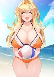 Rule 34 | 1girl, bare shoulders, beach, beach volleyball, bikini, blonde hair, blush, breasts, dura, closed eyes, fang, happy, highres, kami jigen game neptune v, large breasts, long hair, neptune (series), ocean, open mouth, orange bikini, outdoors, pish, power symbol, smile, solo, swimsuit, wet, wet clothes, yellow heart (neptunia)