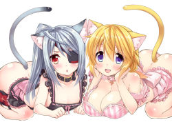 Rule 34 | 10s, 2girls, :d, :o, alternate hairstyle, animal ears, apron, ass, bare shoulders, blonde hair, blue eyes, blush, body blush, breasts, butt crack, cat ears, cat tail, charlotte dunois, cleavage, collar, eyepatch, flat chest, head rest, infinite stratos, kekocha, kemonomimi mode, large breasts, laura bodewig, looking at viewer, multiple girls, naked apron, open mouth, ponytail, red eyes, sample watermark, silver hair, smile, tail, thigh strap, watermark