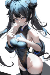 Rule 34 | 1girl, bare shoulders, black dress, black eyes, black hair, black thighhighs, blue archive, breasts, butterfly hair ornament, china dress, chinese clothes, closed mouth, collarbone, covered navel, cowboy shot, double bun, dress, groin, hair bun, hair ornament, hand on own chest, highres, kisaki (blue archive), kuroha (rockluo213), long hair, long sleeves, looking at viewer, medium breasts, no panties, off shoulder, open clothes, pelvic curtain, smile, solo, thighhighs, wide hips