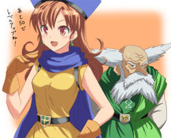 Rule 34 | 1boy, 1girl, alena (dq4), blush, breasts, brown hair, cape, clift, curly hair, dragon quest, dragon quest iv, earrings, gloves, hat, hyakuen raitaa, jewelry, long hair, medium breasts, open mouth, red eyes