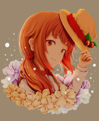 Rule 34 | 1girl, absurdres, beige hat, blouse, brown background, brown hat, closed mouth, collared shirt, flag, flower, hat, hat ribbon, hat tip, head tilt, highres, holding, holding clothes, holding hat, kirimatsu, long hair, long sleeves, looking at viewer, looking to the side, low ponytail, orange eyes, orange hair, original, ponytail, purple flower, red ribbon, ribbon, shirt, smile, solo, white flag, white shirt