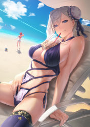Rule 34 | 2girls, ahoge, asymmetrical hair, ball, bare shoulders, beach, between breasts, bikini, blouse, blue bikini, blue eyes, blue one-piece swimsuit, blue thighhighs, blush, breasts, bubble tea, bubble tea challenge, bun cover, chair, cleavage, collarbone, contrail, cowboy shot, cup, day, disposable cup, drinking straw, fate/grand order, fate (series), from side, fujimaru ritsuka (female), fujimaru ritsuka (female) (tropical summer), full body, hair between eyes, hair bun, halterneck, highres, kneepits, large breasts, long hair, looking at viewer, lounge chair, miyamoto musashi (fate), miyamoto musashi (fate/grand order), miyamoto musashi (swimsuit berserker) (fate), miyamoto musashi (swimsuit berserker) (third ascension) (fate), mugetsu2501, multiple girls, navel, object on breast, official alternate costume, one-piece swimsuit, orange shirt, pink hair, print shirt, shirt, short shorts, shorts, single side bun, sitting, skindentation, smile, solo focus, splashing, spread legs, standing, swept bangs, swimsuit, thighhighs, thighs, tropical summer (fate), volleyball (object), white one-piece swimsuit