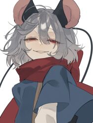 Rule 34 | 1girl, absurdres, animal ears, blue capelet, capelet, commentary request, grey hair, hair between eyes, highres, looking at viewer, mouse ears, mouse girl, mouse tail, nazrin, one-hour drawing challenge, parted lips, prat rat, red eyes, short hair, simple background, solo, tail, touhou, upper body, white background