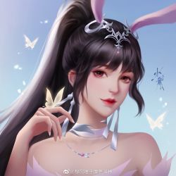 Rule 34 | 1girl, alternate costume, animal ears, bare shoulders, black hair, blue sky, douluo dalu, earrings, falling petals, jewelry, looking at viewer, necklace, ornament, petals, ponytail, rabbit ears, sky, smile, solo, xiang chenshui yu milu shenlin, xiao wu (douluo dalu)