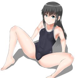 Rule 34 | 1girl, 30-06, asashio (kancolle), black hair, blue eyes, breasts, competition school swimsuit, highres, kantai collection, light smile, long hair, looking at viewer, one-piece swimsuit, school swimsuit, shadow, sitting, small breasts, solo, spread legs, swimsuit, white background