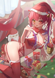Rule 34 | 1girl, :p, arm support, bell, blush, box, bra, breasts, candy, candy cane, christmas, cleavage, commentary, detached collar, english commentary, feet out of frame, finger to mouth, food, fur-trimmed legwear, fur trim, garter belt, gift, gift box, gradient hair, hair bell, hair ornament, hat, heterochromia, highres, hololive, houshou marine, large breasts, lingerie, long hair, looking at viewer, lying, multicolored hair, navel, nyaa28, on side, panties, purple hair, red bra, red eyes, red panties, red ribbon, red thighhighs, ribbon, santa costume, santa hat, skull cup, solo, stomach, thighhighs, tongue, tongue out, twintails, underwear, virtual youtuber, yellow eyes