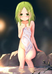 Rule 34 | 1girl, absurdres, blush, closed mouth, collarbone, covering privates, forehead, green eyes, green hair, groin, hand up, highres, light smile, long hair, looking at viewer, morinaka kazaki, nijisanji, nude cover, parted bangs, sitting, solo, towel, virtual youtuber, water, wet, yotsugi