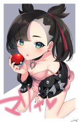 Rule 34 | 1girl, bare shoulders, black choker, black hair, black jacket, black nails, breasts, choker, collarbone, commentary request, creatures (company), downblouse, dress, earrings, fingernails, game freak, green eyes, grey background, hair ribbon, highres, holding, holding poke ball, jacket, jewelry, leaning forward, looking at viewer, marnie (pokemon), nail polish, nintendo, no bra, open clothes, open jacket, parted lips, pink dress, poke ball, poke ball (basic), pokemon, pokemon swsh, red ribbon, ribbon, sakura chiyo (konachi000), signature, small breasts, solo, strap slip, teeth, two-tone background, upper teeth only, white background