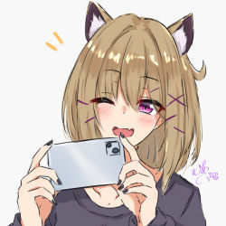 Rule 34 | 1girl, animal ears, arknights, blush, brown hair, cellphone, fang, highres, maiq06, nail polish, one eye closed, phone, purple eyes, short hair, simple background, skin fang, smartphone, solo, taking picture, utage (arknights), white background