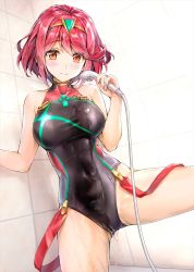 Rule 34 | 1girl, bare shoulders, black one-piece swimsuit, blush, breasts, circlet, closed mouth, collarbone, competition swimsuit, covered navel, fingernails, gluteal fold, holding, holding shower head, indoors, koyuki (kotatsu358), large breasts, legs up, looking at viewer, nail polish, nintendo, one-piece swimsuit, orange eyes, pink nails, pyra (pro swimmer) (xenoblade), pyra (xenoblade), red hair, shiny clothes, short hair, shower (place), shower head, smile, solo, spread legs, standing, standing on one leg, swept bangs, swimsuit, water, wet, wet clothes, wet swimsuit, xenoblade chronicles (series), xenoblade chronicles 2
