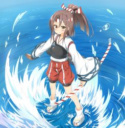 Rule 34 | &gt;:), 1girl, afloat, ankle socks, bow (weapon), brown eyes, brown hair, from above, full body, hachimaki, hair between eyes, headband, holding, japanese clothes, kantai collection, looking at viewer, looking up, machinery, muneate, nedia (nedia region), ocean, ponytail, smile, socks, solo, standing, v-shaped eyebrows, weapon, white socks, zuihou (kancolle)