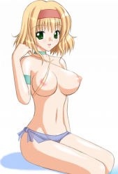 Rule 34 | 00s, 1girl, alternate costume, bikini, blonde hair, blush, breasts, cleavage, covered erect nipples, green eyes, headband, large breasts, natalia luzu kimlasca lanvaldear, nipples, see-through, short hair, smile, solo, swimsuit, tales of (series), tales of the abyss, womi